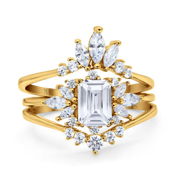 14K Yellow Gold Emerald Cut Trio Set Engagement Rings Three Piece Bridal Set Marquise Round Simulated Cubic Zirconia